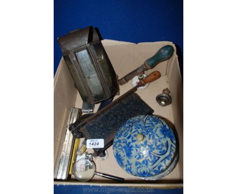 A quantity of miscellanea including papier mache box, Hero Harmonica, small paper guillotine, apple corer, boxed Alpina Harmo