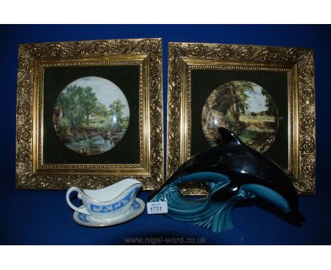 A large Poole Dolphin, small Coalport 'Revelry' sauce boat and pair of gilt framed Staffordshire Ceramic Plaques of 'Constabl