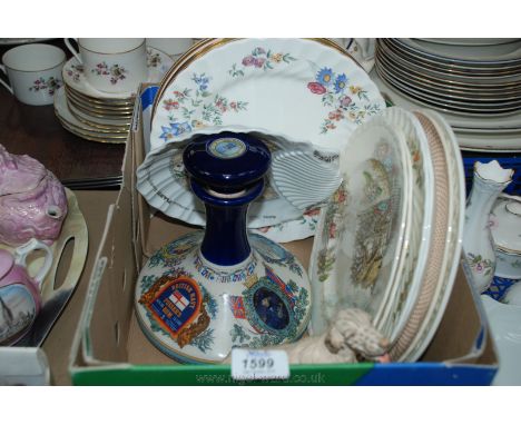 A quantity of display Plates including 'Months of the Year', Royal Worcester, etc., a Wade 'Pussers Rum' Decanter, dog figure