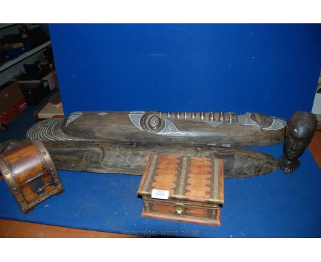 Two wooden metal bound Trinket Boxes, a wooden model of an African Lady and two wooden African Masks