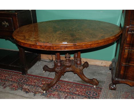 A Victorian Walnut loo, snap top Centre Table, having beautifully figured quarter veneered burr Walnut top, with burr frieze 