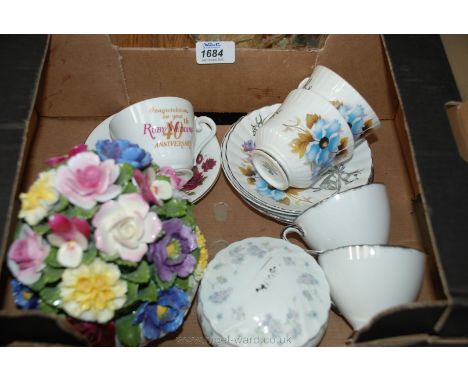 A Wedgwood 'April Flowers' Trinket Bowl with lid, Aynsley Posy, various bone china cups and saucers including Ruby and Silver