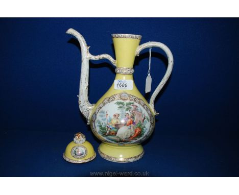 An elegant pale yellow ground ewer having loop handle and spout with gilded details, the two reserves to the body depicting r