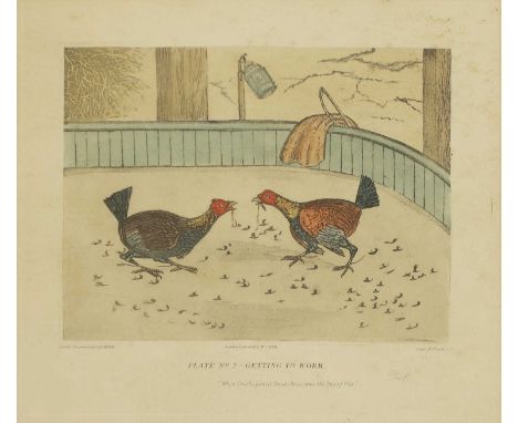 C R Stock, 19th centuryA set of six cockfighting scenes drawn and engraved by C R Stock, aquatints, published by W C Lee, pro
