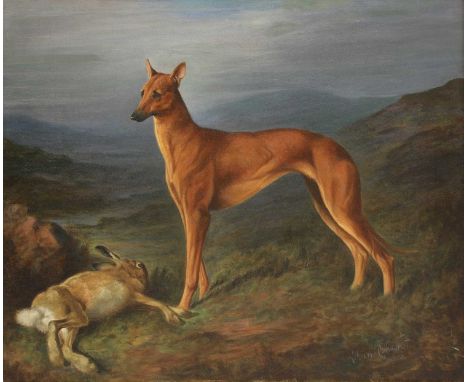 Lillian Cheviot (1876-1936)A greyhound and a hare in a Highland landscapesigned l.r., oil on canvas56 x 66cmCondition report: