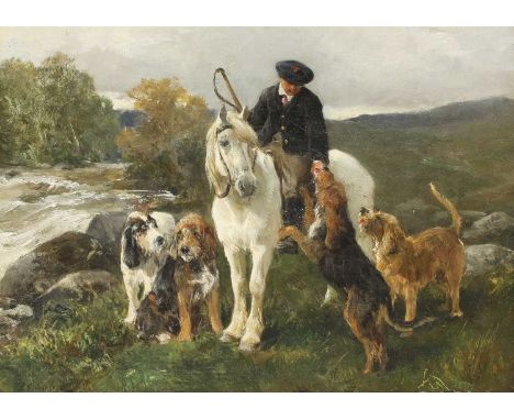 John Sargent Noble (1848-1896)A ghillie on a grey Highland pony with otter hounds alongsidesigned l.l., oil on canvas laid do