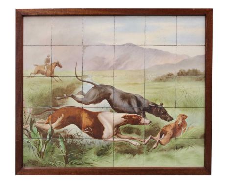 A painted tile picture, late 19th centuryCoursing greyhoundssigned with artist's monogram l.l., within an oak frame97cm wide8