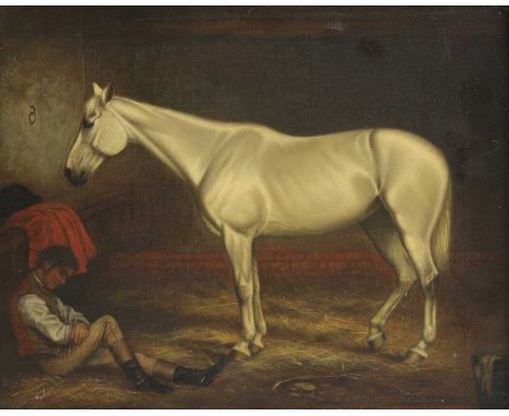 A S Bishop (fl.1874-1889)A grey mare in a stable with her groom alongside her, asleepsigned l.r. oil on canvas29 x 34cmCondit