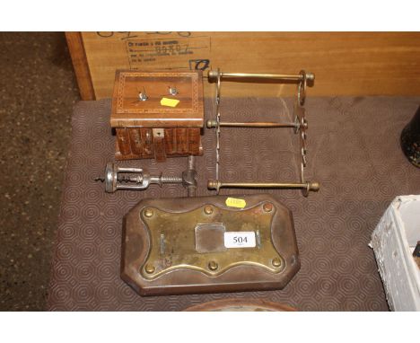 A brass desk stand AF; a corkscrew and a trinket box AF