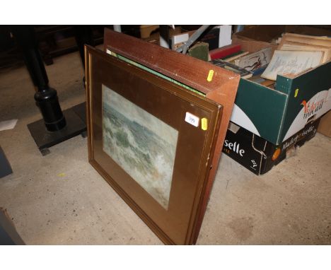 A framed and glazed watercolour seascape study, indistinctly signed to bottom right and dated 1912; a framed and glazed map; 