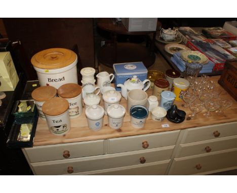 A quantity of various china and glassware to include bevel edged mirrored stands, Clover leaf earthenware storage jars, Londo