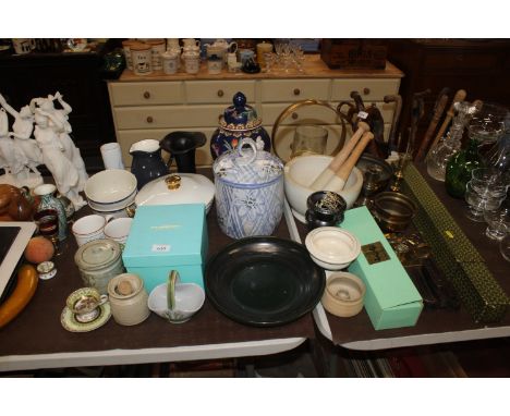 A quantity of various china and metalware to include Fortnum &amp; Mason teapot and cup, pottery bowl, Oriental watercolour s