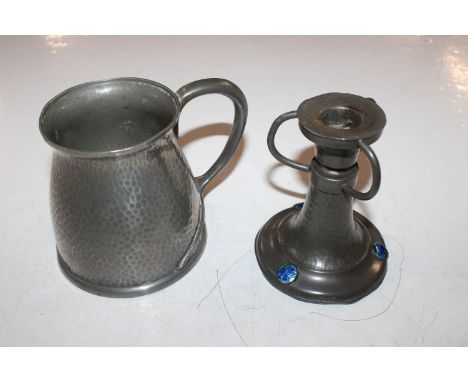 A Tove & Co. London English pewter Arts & Crafts hammered mug with glass bottom, 11cm high and an Arts & Crafts hammered pewt