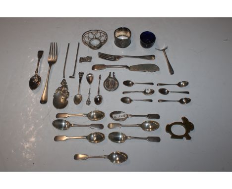 A collection of various silver cutlery to include teaspoons, coffee spoons, forks, fancy spoon AF, and a basket lacking liner