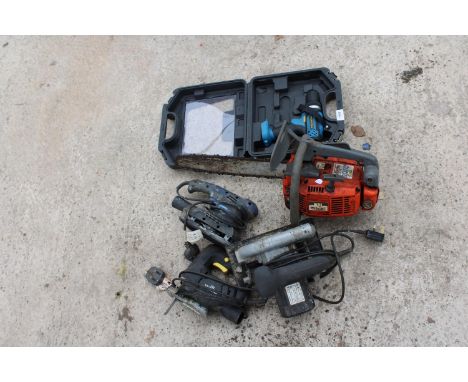 AN ASSORTMENT OF TOOLS TO INCLUDE A PETROL CHAINSAW AND A WORKZONE BATTERY DRILL ETC 
