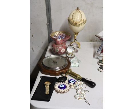A MIXED LOT TO INCLUDE A FABERGE STYLE EGG, CHINESE GINGER JAR, BAROMETER, COALPORT DECANTER LABELS, ETC., 