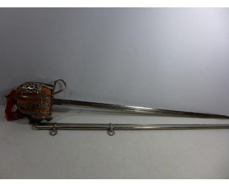 A REPLICA OF A VICTORIAN 1857 PATTERN SCOTTISH BASKET HILTED SWORD AND SCABBARD, 79CM BLADE, LENGTH 102CM 