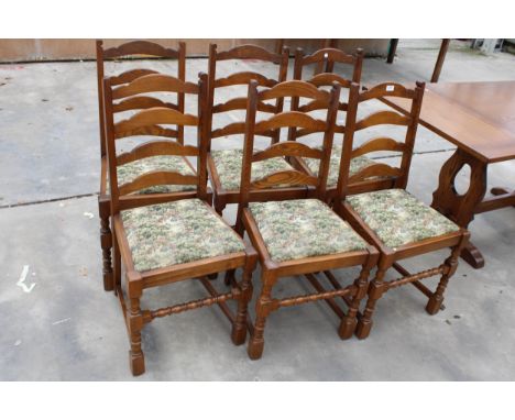 A SET OF 6, OAK, JAYCEE DINING CHAIRS WITH LADDER-BACKS, ON TURNED FRONT LEGS 