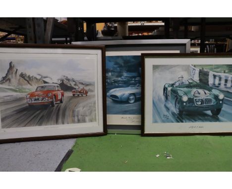 THREE FRAMED PRINTS OF CLASSIC RACING CARS, TO INCLUDE MGA 2 SEATER, 1989 PIRELLI CLASSIC MARATHON AND MERCEDES BENZ 300 