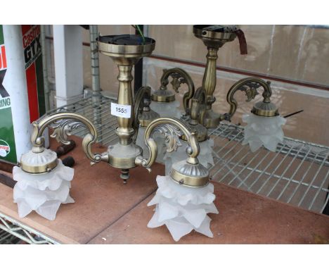 A PAIR OF BRASS EFFECT CIELING LIGHT FITTINGS WITH GLASS SHADES 
