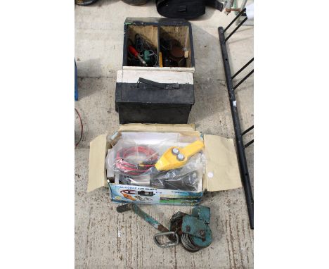 AN ASSORTMENT OF TOOLS TO INCLUDE A 12V WINCH, A HAND WINCH AND A SOLDERING IRON ETC 