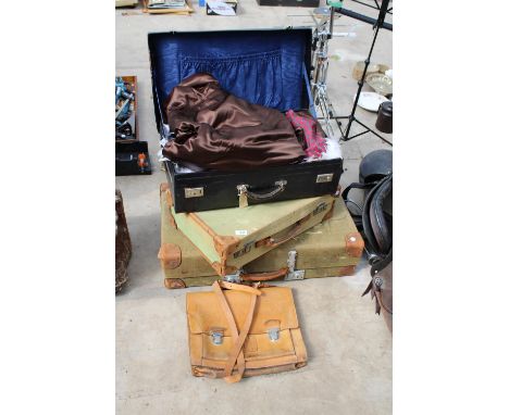 AN ASSORTMENT OF VINTAGE TRAVEL CASES AND CLOTHES ETC 
