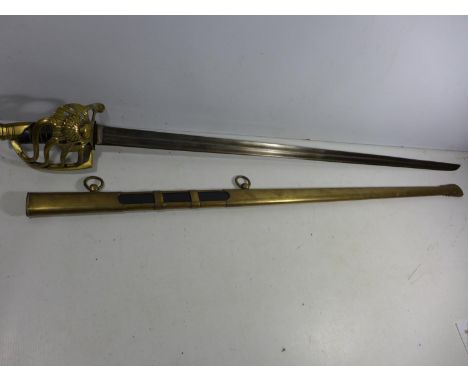 A REPLICA NAPOLEONIC WAR IMPERIAL FRENCH GRENADIERS OFFICERS SWORD AND SCABBARD, 96CM BLADE, LENGTH 116CM 