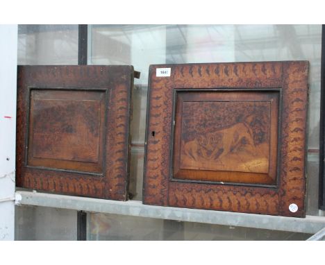 TWO VINTAGE WOODEN ETCHED BOARDS DEPICTING DOGS SIGNED AND DATED HUDSON 1893 TO THE BOTTOM RIGHT 