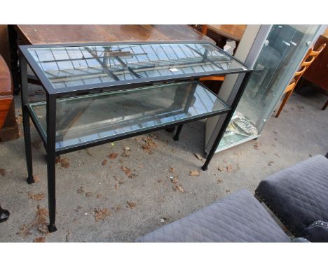 A MODERN BLACK METAL FRAME 2 TIER SIDE-TABLE WITH INSET GLASS TOP AND SHELF, 42" WIDE 