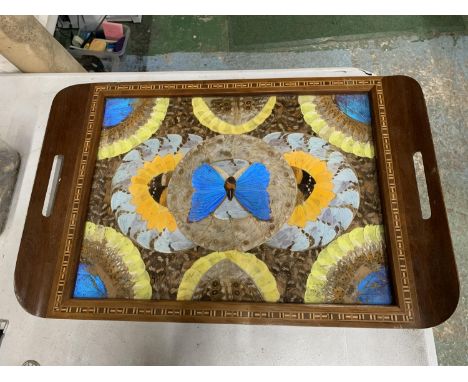 A VINTAGE INLAY WOODEN TRAY WITH BUTTERFLIES 