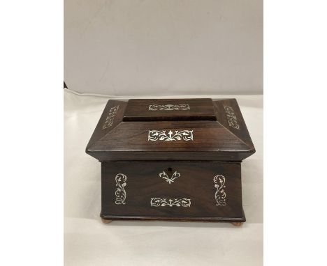 AN INLAID SARCOPHAGUS SHAPED TWO SECTION TEA CADDY WITH INNER LIDS 