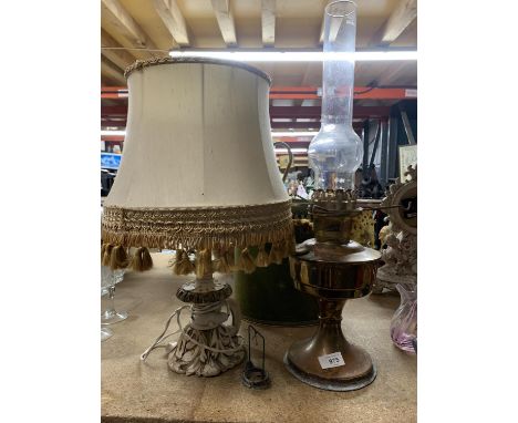 A VINTAGE BRASS OIL LAMP PLUS A FURTHER TABLE LAMP WITH TWO SHADES 