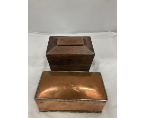 TWO BOXES TO INCLUDE A BRASS AND COPPER LIDDED AND AN SARCOPHAGUS SHAPED TEA CADDY WITH TWO INNER COMPARTMENTS AND LIDS 