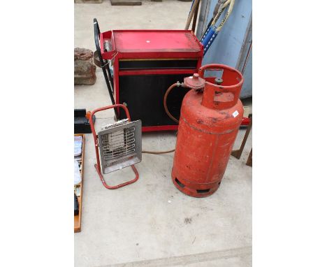 THREE ITEMS TO INCLUDE A GAS HEATER AND BOTTLE AND A WHEELED TOOL CHEST 
