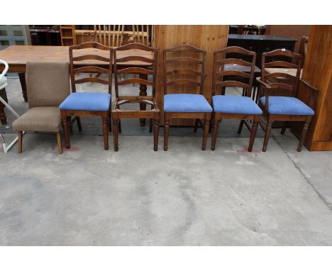 FIVE MODERN LADDER-BACK DINING CHAIRS, ONE BEING A CARVER AND BEDROOM CHAIR 