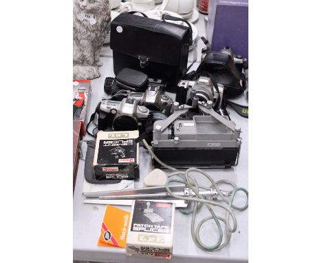 A MIXED LOT OF CAMERAS AND ACCESSORIES INCLUDING HANIMEX, NIXON, CHINON ETC 