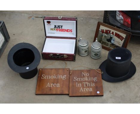 A COLLECTION OF ITEMS TO INCLUDE PLASTIC DISPLAY TOP HATS, A VINTAGE STYLE MIRROR, SIGNS, ETC 