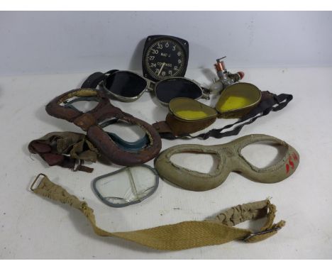 A COLLECTION OF FLYING GOGGLES, RADIO COMPASS DIAL, MODEL ENGINE ETC 