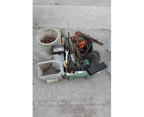 AN ASSORTMENT OF TOOLS AND HARDWARE TO INCLUDE NAILS, STAPLES AND HAND TOOLS ETC 