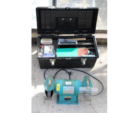 A WOLF ELECTRIC BENCH GRINDER AND A TOOL BOX WITH AN ASSORTMENT OF HARDWARE 