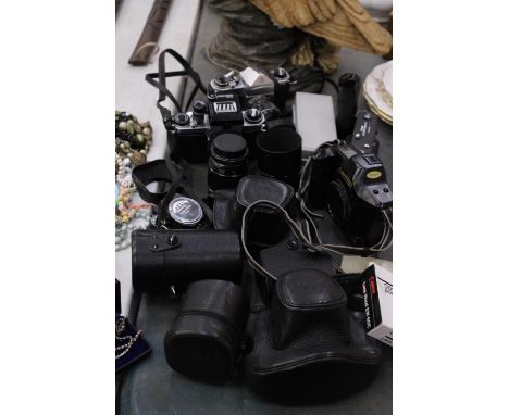 A QUANTITY OF VINTAGE CAMERAS AND ACCESSORIES TO INCLUDE CANON AND PENTAX ETC 