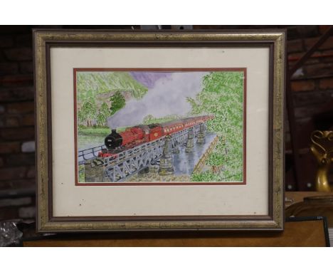 A 1949 WATERCOLOUR, 'RIVER CROSSING BY STEAM', SIGNED K M ARTHUR, 44CM X 36CM 