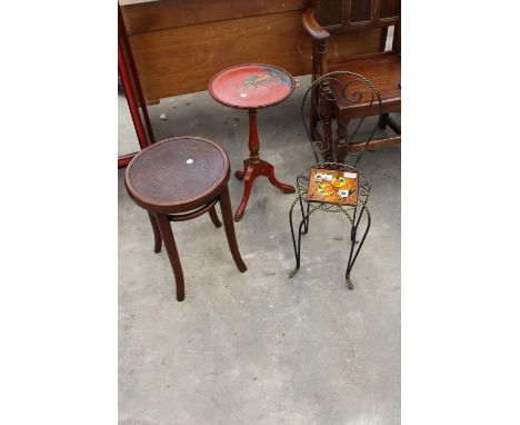 A BENTWOOD STOOL, MINIATURE WROUGHT IRON CHAIR WITH INSET TILE SIGNED VALLAURIS, R. LEDUC AND TRIPOD WINE TABLE WITH CHINOISE