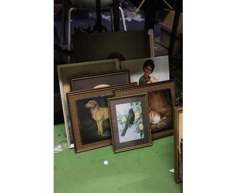 AN OIL ON CANVAS PORTRAIT OF A LADY, PLUS SIX VINTAGE PRINTS TO INCLUDE DOGS, ETC 
