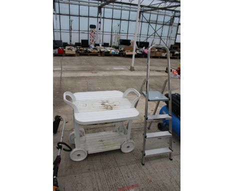 A THREE RUNG ALUMINIUM STEP LADDER AND A PLASTIC DRINKS TROLLEY 