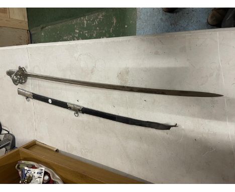 A QUEEN VICTORIA INFANTRY OFFICERS SWORD AND SCABBARD, 82CM BLADE, PIERCED GUARD, LENGTH 96CM (A/F) 