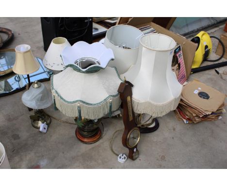 AN ASSORTMENT OF VARIOUS TABLE LAMPS AND A BAROMETER 