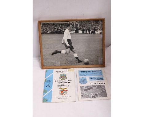 A FRAMED PHOTOGRAPH OF "JIMMY GREAVES" IN THE EARLY 1960S PLUS TWO 1960S TOTTENHAM HOTSPUR FOOTBALL PROGRAMMES 