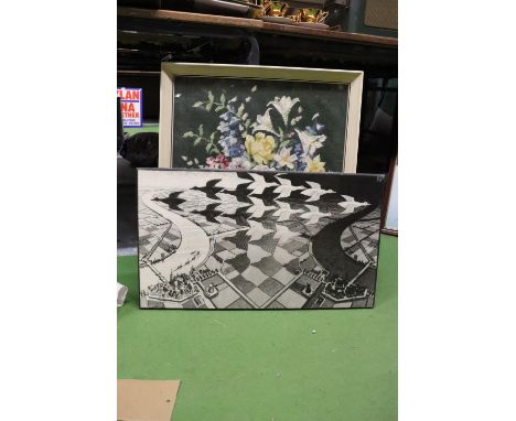 A FLORAL FRAMED TAPESTRY AND A PRINT ENTITLED 'DAY AND NIGHT' BY M C ESCHER 