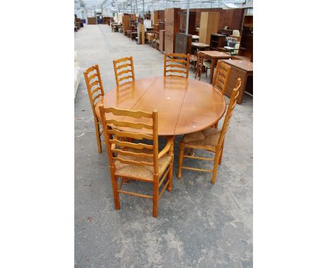 A GEORGIAN STYLE OVAL OAK WAKES TABLE, 77" X 59" OPENED AND SIX LADDER BACK DINING CHAIRS WITH RUSH SEATS 